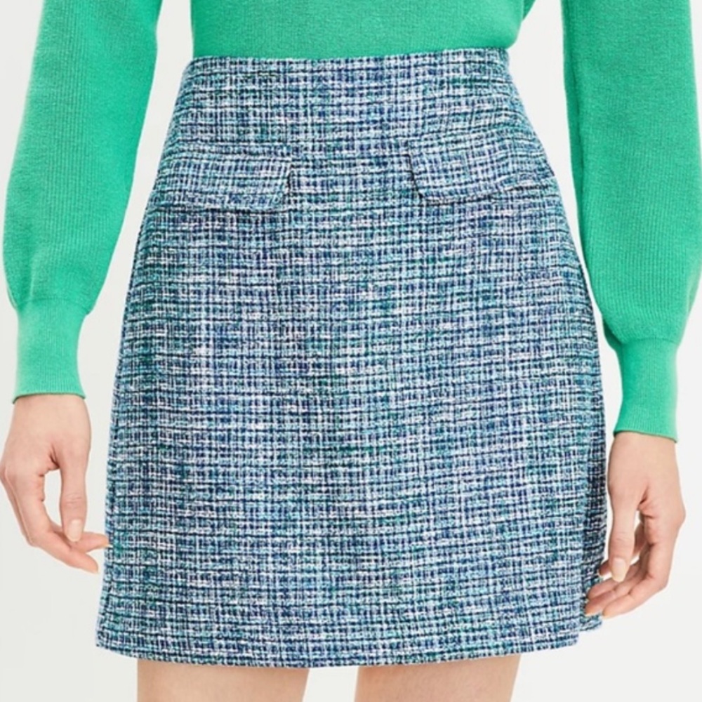 NWT LOFT Blue White Tweed Mini Skirt‎ Preppy Quiet Luxury